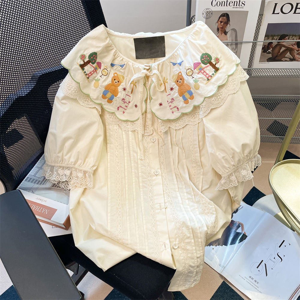Retro ปักตุ ๊ กตาหมีน ่ ารักเสื ้ อแขนสั ้ นผู ้ หญิงฤดูร ้ อนหวาน LaceDoll Collar อเนกประสงค ์ Top