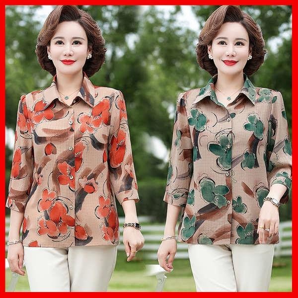 เสื้อคนแก่ ชุดแม่ใหม่เสื้อคอปกพิมพ์ลายแฟชั่นฤดูร้อนเสื้อผ้าผู้หญิงวัยกลางคนและผู้สูงอายุเสื้อผ้าฤดูร้อนเสื้อเชิ้ตแขนสั้นลดอายุ