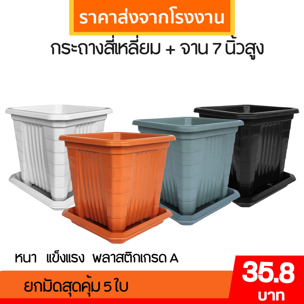กระถาง กระถางสี่เหลี่ยม + จาน ขนาด 7 นิ้วสูง สีดำ สีขาว สีเทา สีอิฐ Bundle 5 ใบ ชิ้น อัน
