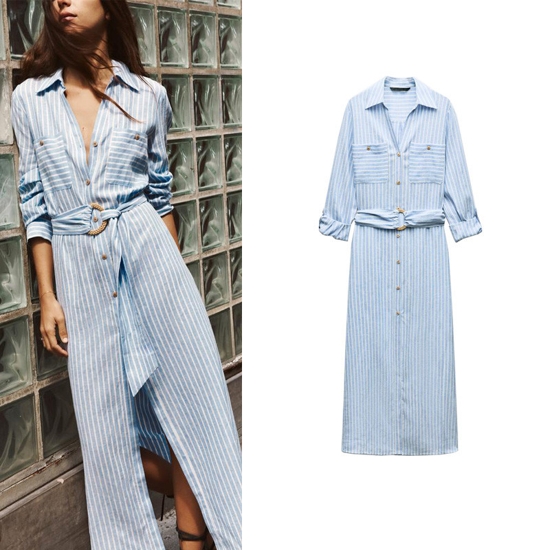 Zara สินค ้ าใหม ่ แขนยาวพร ้ อมเข ็ มขัด Linen Blended Fan Flute Shirt Dress 3505526