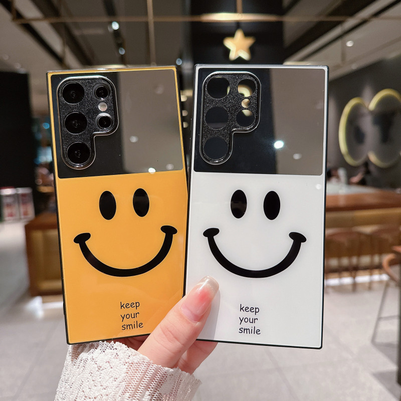 SAMSUNG หรูหราชุบกระจกยิ้มเคสโทรศัพท์พร้อมกระจกแต่งหน้าสําหรับsamsung S25 Ultra Plus S24 S23 S22 S21 Ultra Plusป้องกันกล้องกันกระแทกปกหลังสําหรับคู่รัก