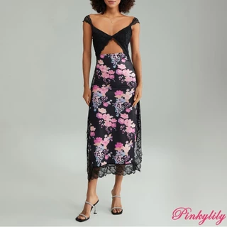 (จัดส่งในกรุงเทพฯ)Pink -Women Bodycon Long Dress ผู้หญิงสลิมกระโปรงยาวดอกไม้ฤดูร้อนพิมพ์ลูกไม้กลวงออกคอ V กลับพรรคเชือกแขวนคอกระโปรง