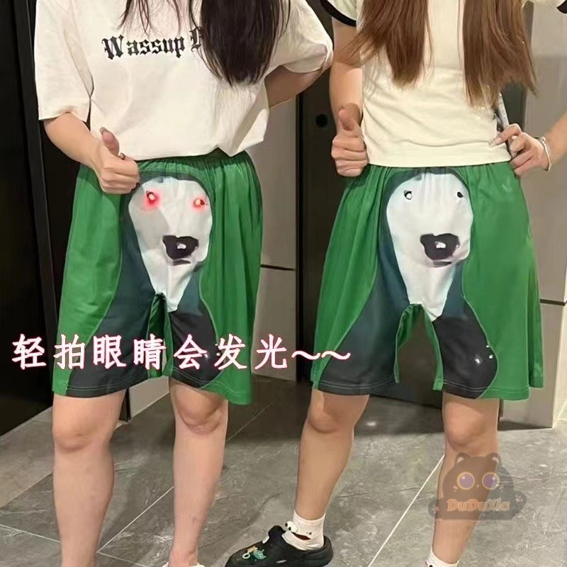 Creative Eye Glowing Green Dog Shorts กางเกงขาสั้นตลกกางเกงขาสั้นลูกสุนัขเรืองแสงตลกกางเกงขาสั้น Husky กางเกงชายหาดลําลองกางเกงขาสั้นคู่กางเกงขาสั้นตลก