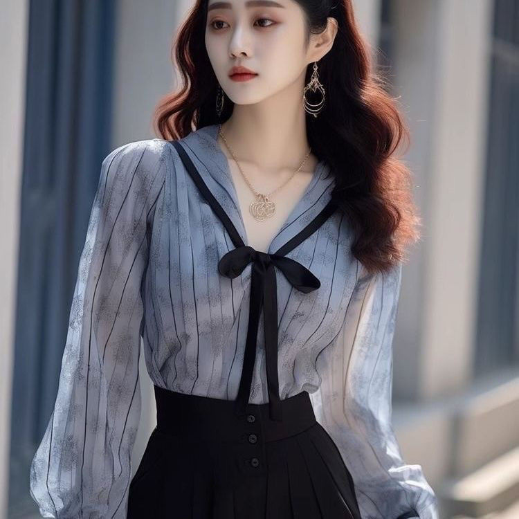 Yueyejia YY Influencer การออกแบบขายดี Sense Western สไตล์สีฟ้าลาย Lace-up Bow อารมณ์เสื้อผู้หญิงสไตล์ใหม่ Top 2024 เนื้อครอบคลุมเสื้อ