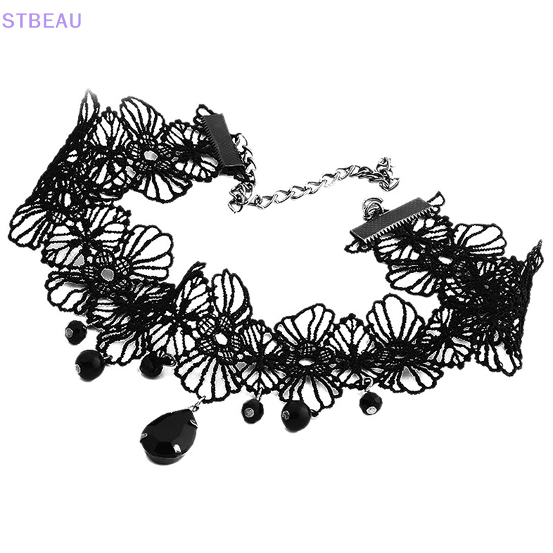 [cxSTBEAU] Vintage Gothic Lace Choker สําหรับผู้หญิงคริสตัลสีดําจี้ Charm Choker สร้อยคอ  MME