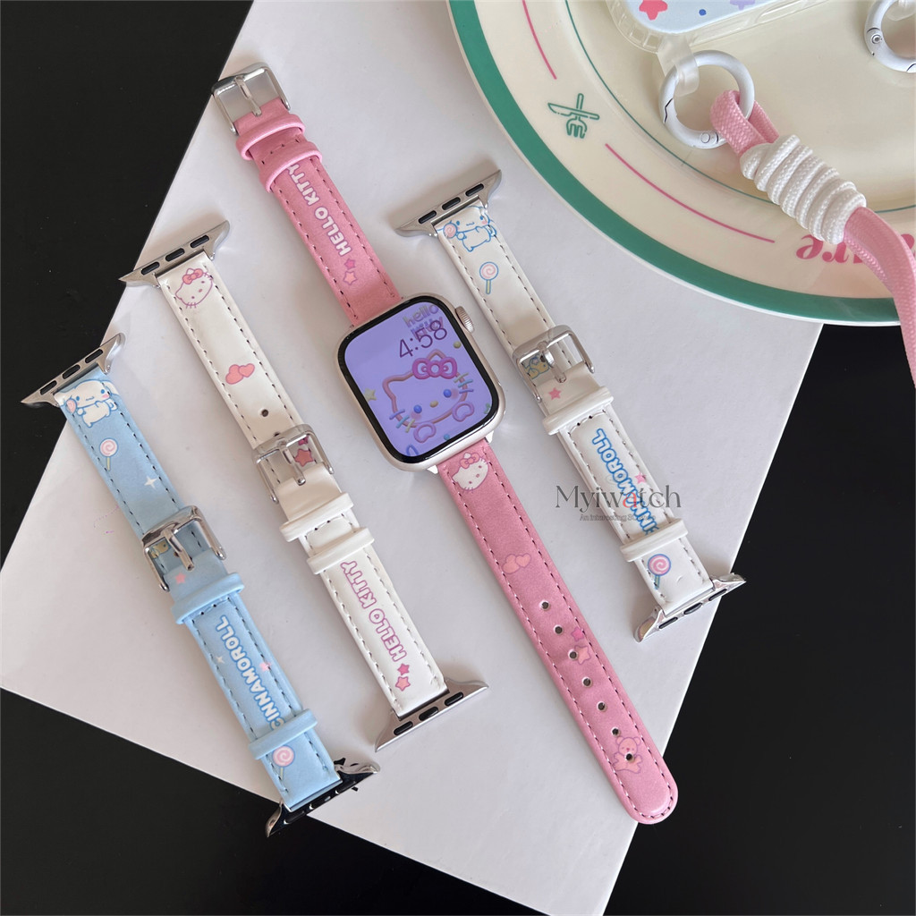 รูปแบบการ์ตูนสายหนังสําหรับ ฉันดู ชุดพิเศษ iwatch Series Ultra 10 9 8 7 6 SE 5 4 3 2 1 บางน่ารักออกแบบคิตตี้สายรัดข้อมือสําหรับ ฉันดู วง iwatch ขนาด 46 49 44 45 41 40 38 42 มม.