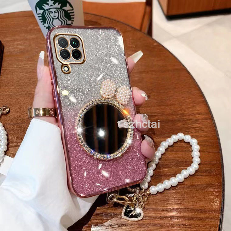 เคสโทรศัพท์ samsung a12 m12 f12 a22 m22 หรูหราแวววาวชุบโทรศัพท์กรณี กรณีโทรศัพท์ใสเปลือกหอยมุกโบว์กระจกแต่งหน้าพร้อมสร้อยข้อมือ เคส samsung a12 m12 f12 a22 m22
