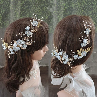 Handmade ดอกไม้ Hairpin Headdress ด้านข้างหวีผู้หญิง Golden Leaf รูปงานแต่งงาน Headpiece
