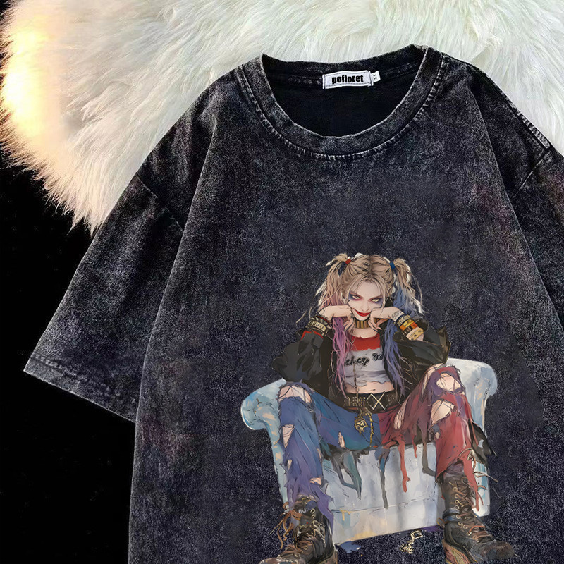 （จัดส่งตลอด 24 ชั่วโมง）HY เสื้อยืดฟอก พิมพ์ตัวละครการ์ตูน oversize ผ้าฝ้าย100% โอเวอร์ไซซ์ เสื้อฟอกวินเทจ#T1678