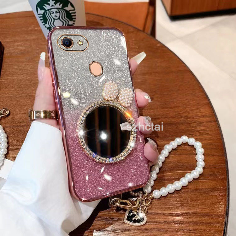 เคสโทรศัพท์ oppo f5 f7 หรูหราแวววาวชุบโทรศัพท์กรณี กรณีโทรศัพท์ใสเปลือกหอยมุกโบว์กระจกแต่งหน้าพร้อมส