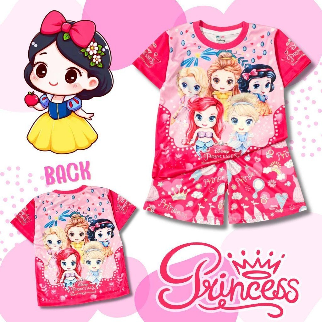 PC0955#1 เสื้อผ้าเด็ก เสื้อแขนสั้น+กางเกงขาสั้น ลายเจ้าหญิง ปริ๊นเซส เนื้อผ้าไมโครเกรดA ชุดเด็กแฟชั่น ชุดเด็กลายการ์ตูน