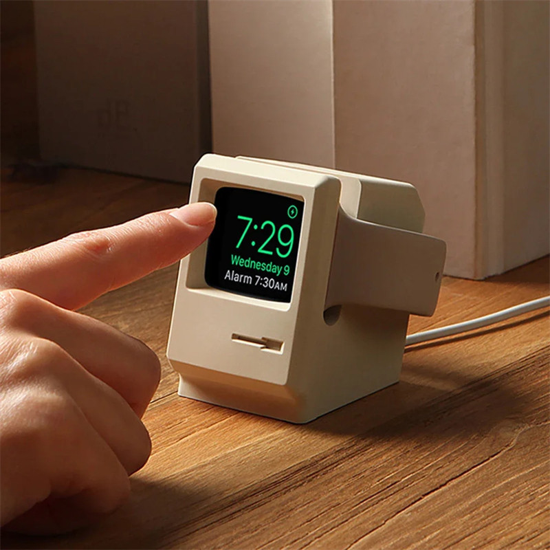 ขาตั้งซิลิโคนสําหรับ Apple Watch 9 8 7 6 5 4 3 2 แท่นชาร์จ Retro คอมพิวเตอร์รูปแบบ Nightstand Keeper ฐานสําหรับ iWatch Stand
