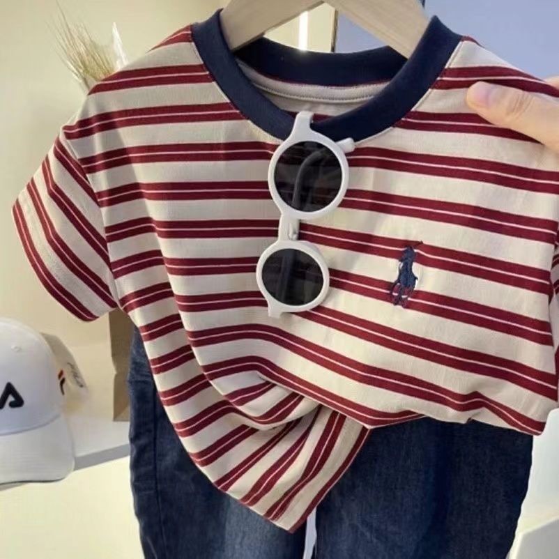 【เสื้อยืดเด็ก】เสื้อยืดคอกลมแขนสั้นสำหรับเด็ก ผ้าฝ้าย พิมพ์ลายทาง ทรงหลวม สไตล์เกาหลี แฟชั่นสําหรับเด็กผู้ชาย และผู้หญิง อายุ 1-7 ปี