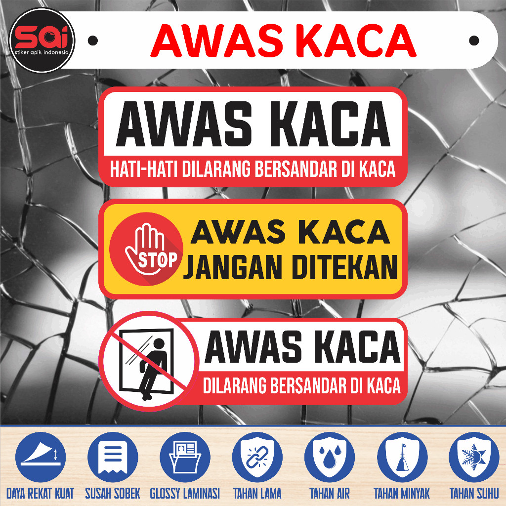 สติ๊กเกอร์ไวนิลกันน้ํา BEWARE OF GLASS PROHIBITED IN GLASS เคลือบมันเงา