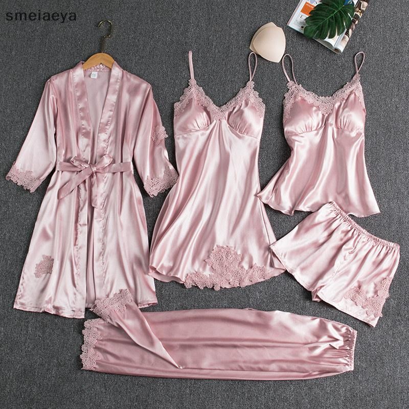 [SME] 5PC ผ้าไหม Robe Sleep ชุดสตรีลูกไม้ซาตินชุดนอนชุดนอนชุด V คอ Cami Nighties สวม Pijama บ้านชุดน