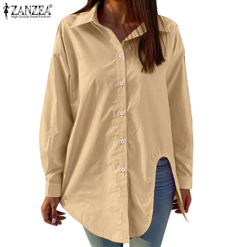 Zanzea เสื้อเชิ้ตสีทึบแขนยาวดีไซน์ไม่สม่ําเสมอสําหรับผู้หญิง