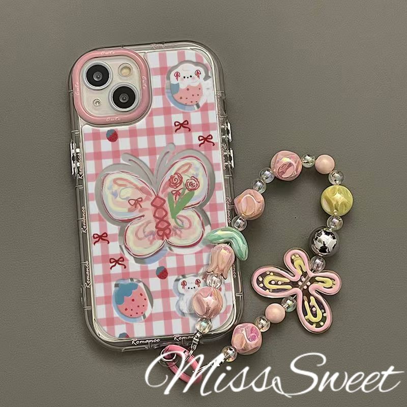 SAMSUNG Insสไตล์กระจกสําหรับsamsung A21S A20s A35 A03 A15 A24 A25 A30 A31 A33 A51 A03s A04 S A05s A11 A12 A13 A14 ผีเสื้อสีชมพูรูปแบบป้องกันการล่มสลาย + เคสโทรศัพท์ + เชือกเส้นเล็ก