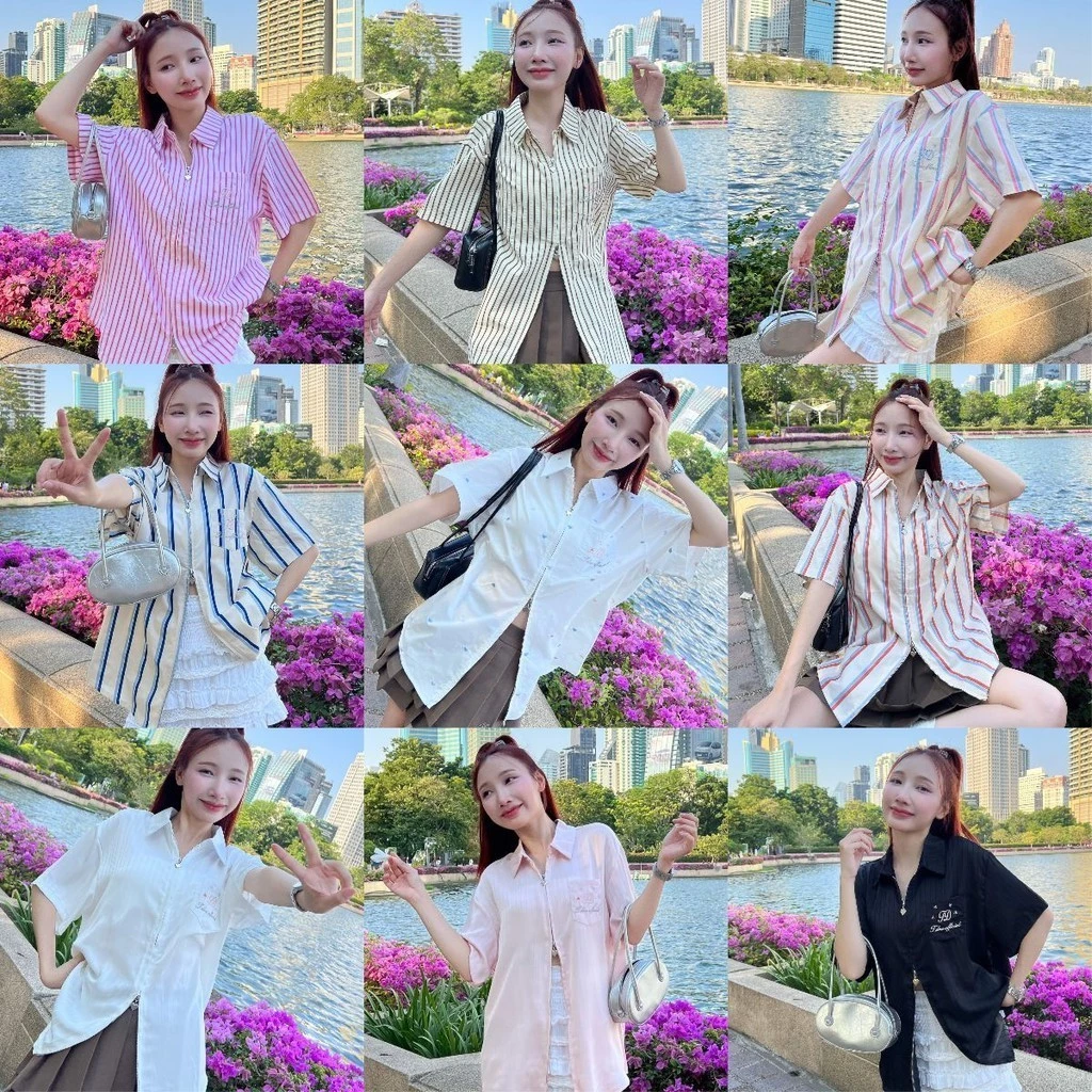 Aurora🛒พร้อมส่ง🚚 (รูปถ่ายจากงานจริง) เชิ้ตแขนยาวซิป เสื้อเชิ้ตแขนยาวOversize Florida Oversize Shirt เชิ้ตแขนสั้นซิป