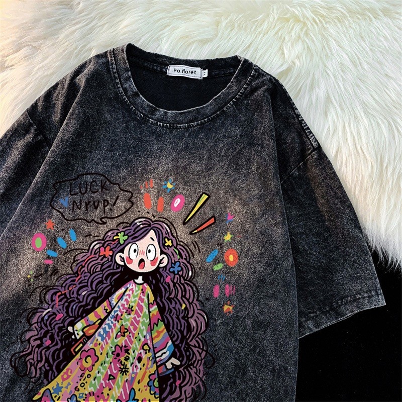 (จัดส่งตลอด 24 ชั่วโมง）Angle Official เสื้อยืดฟอก Pofloret เสื้อยืด oversize หลวมแขนสั้นลายตัวละครการ์ตูนวินเทจA