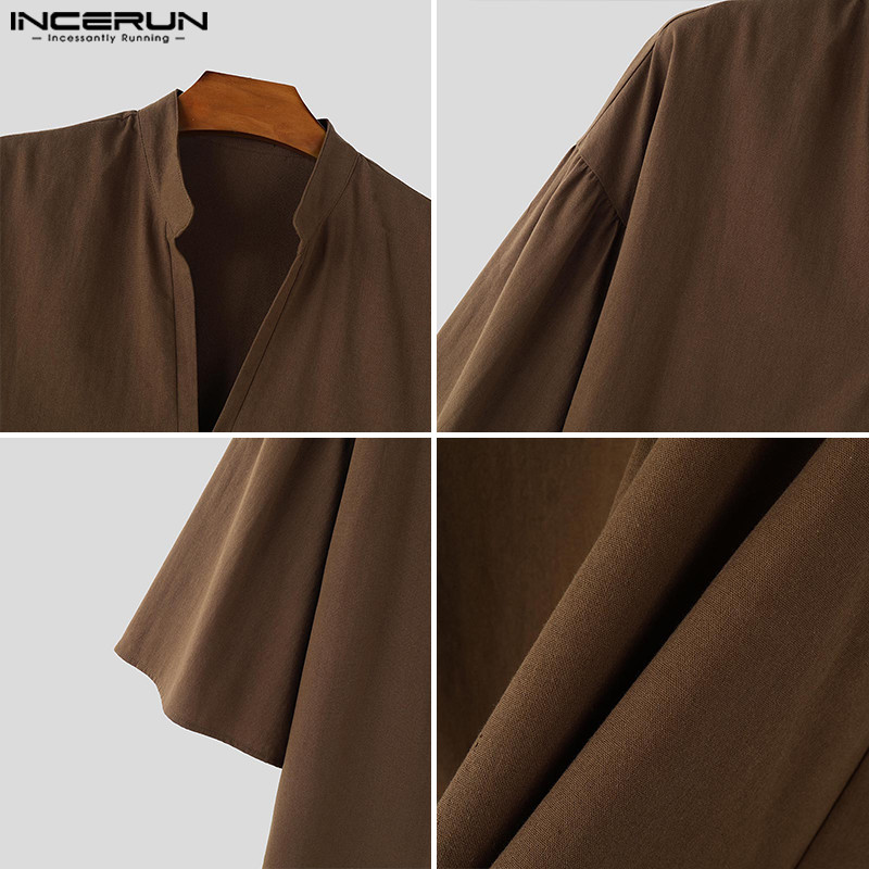 ไม่แน่นอน ผู้ชายเกาหลีลําลองคอตั้ง3/4แขนแข็งหลวมพอดีเสื้อ