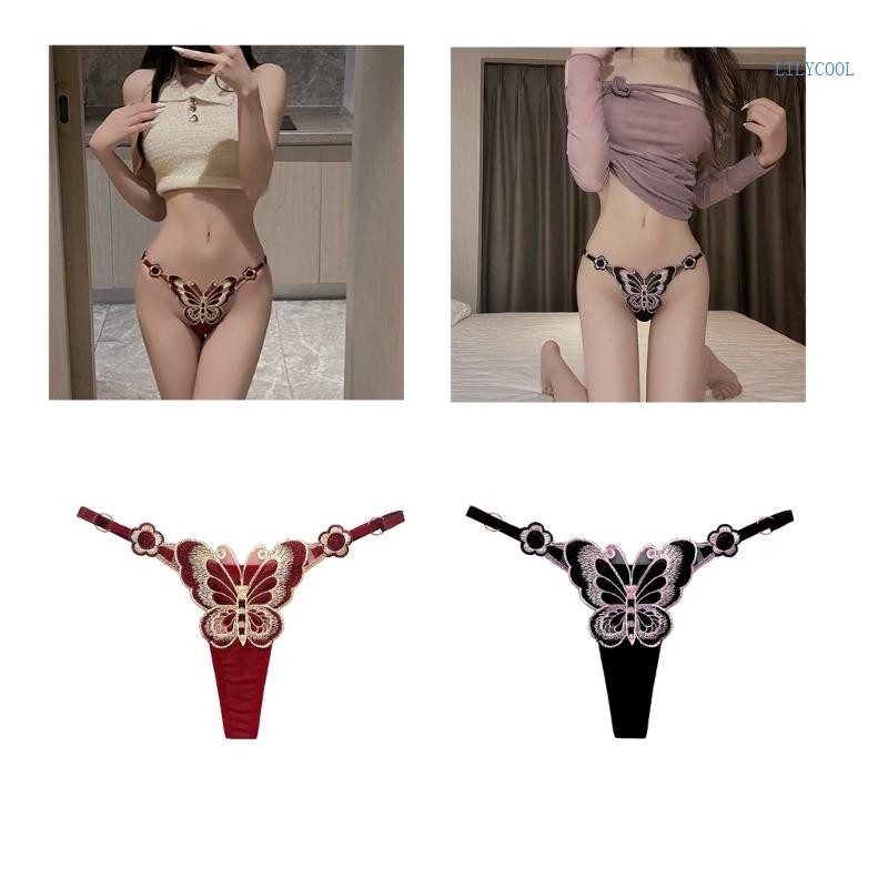 CH ผู้หญิง Gee-String Butterflies เย็บปักถักร้อย Gee-String ปรับต่ําเอว Thongs กางเกงดูผ่านทองชุดชั้นใน