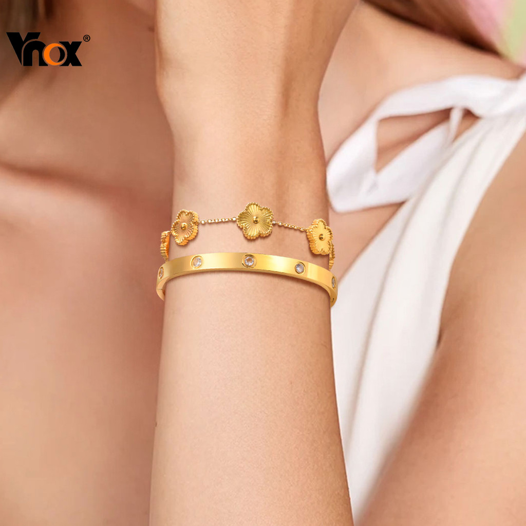 Vnox Zircon Cubic Shell ดอกไม้กําไลข้อมือสร้อยข้อมือชุดผู้หญิง,18k Gold สแตนเลส Non Tarnish สร้อยข้อมือ,แฟชั่นเครื่องประ
