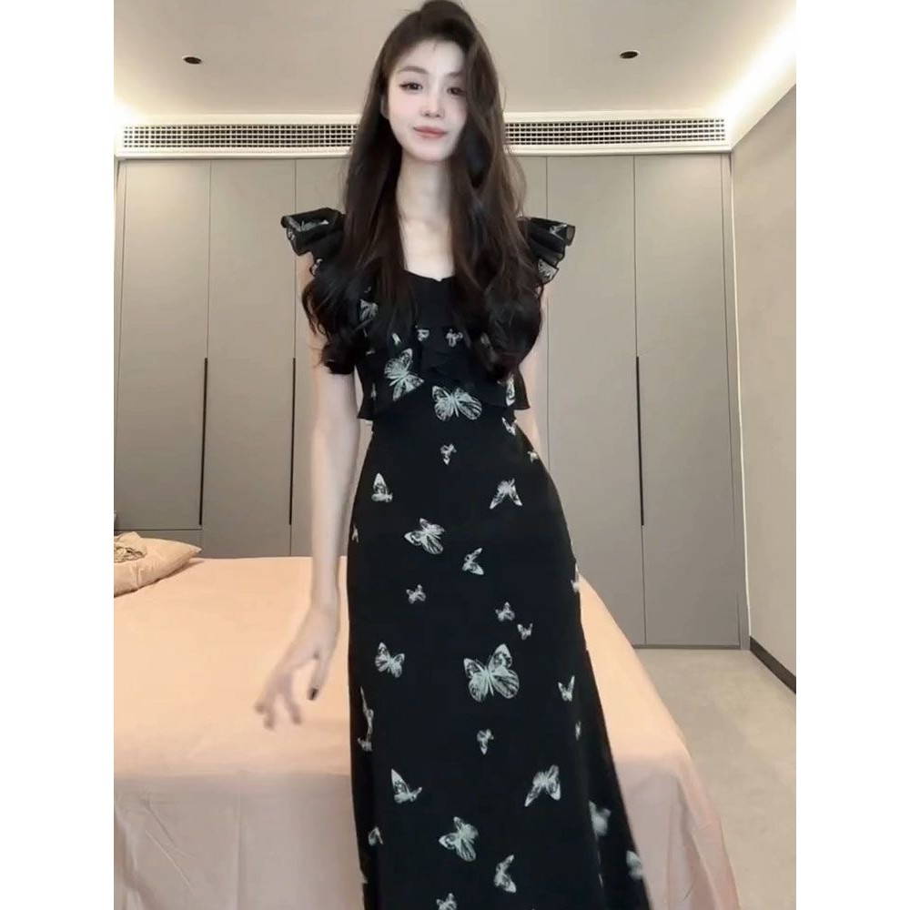 เดรสลายดอกไม้ฝรั่งเศส 2025 ฤดูร้อนใหม่เวอร์ชั่นเกาหลีชุดเดรสยาวสีดํา - รูปที่ 4