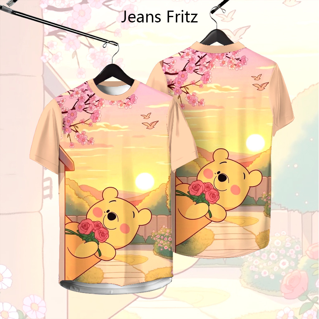 หมีพูห์เสื้อยืดคอกลมแขนสั้นพิมพ์ลายการ์ตูนสําหรับผู้ชายและผู้หญิงคู่แฟชั่นสบายและอเนกประสงค์ - รูปที่ 3