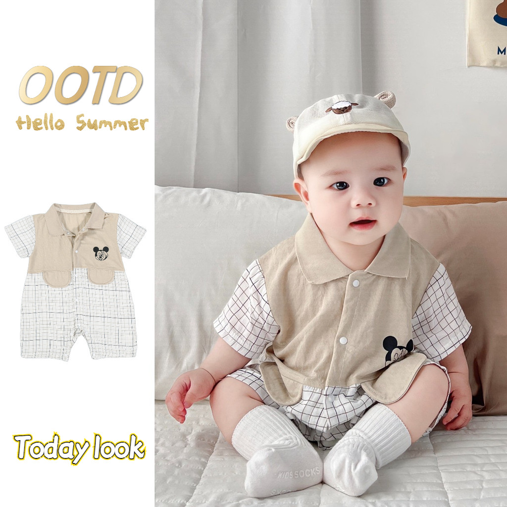 ฤดูร้อนใหม่เสื้อผ้าเด็กชายหญิงบอดี้สูทแขนสั้น 0-24 เดือนทารกแรกเกิดโปโลผ้าฝ้ายแท้สุดน่ารักการ์ตูนลายสก๊อตประกบออกแบบ ชุดรอมเปอร์