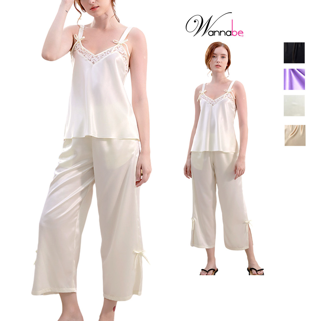 อยากเบ ชุดใส่อยู่บ้านผู้หญิงกางเกงเปิดไหล่ 2 ซม. และเสื้อมีโบว์น่ารักและคอปกลูกไม้รูปตัว ม BDS54