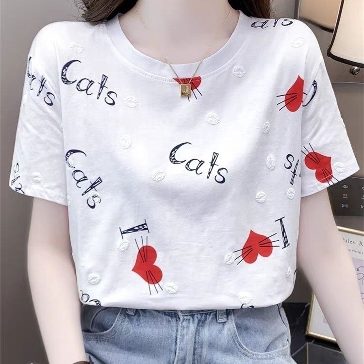 ฤดูร้อน ins อินเทรนด์หลวม All-Match สุภาพสตรี Simple Love พิมพ์ออกแบบรอบคอด้านหน้าไหล่แขนสั้นเสื้อยื