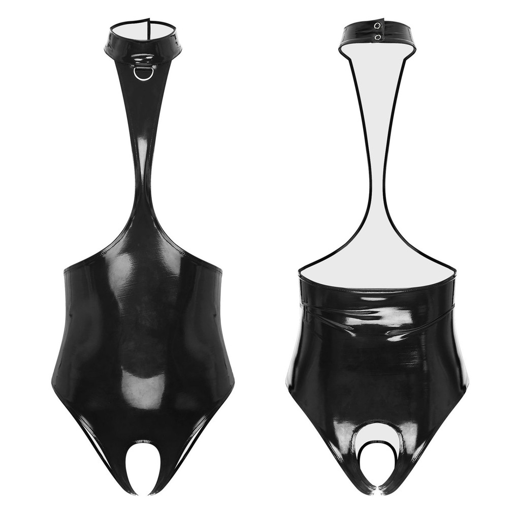 Yeahdor สตรีเปิดหน้าอก Halter บอดี้สูท Backless Crotchless Catsuit เปียกดูสิทธิบัตรหนังแขนกุด Leotard ชุดชั้นในชุดนอน