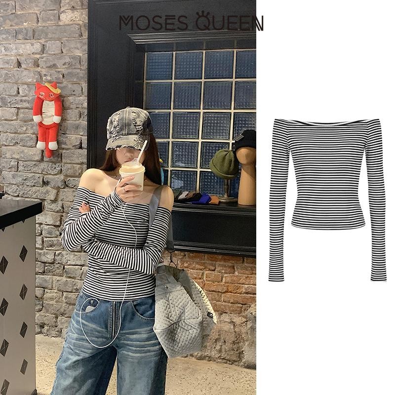 < MOSESQUEEN > Vintage คลาสสิกลาย Slim เสื้อยืดแขนยาวผู้หญิงฤดูใบไม้ร่วงและฤดูหนาว Ins เซ็กซี่ปิดไหล่อเนกประสงค์อารมณ์ด้านบน #62802