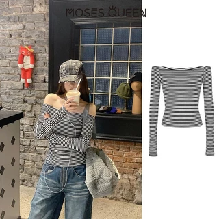 < MOSESQUEEN > Vintage คลาสสิกลาย Slim เสื้อยืดแขนยาวผู้หญิงฤดูใบไม้ร่วงและฤดูหนาว Ins เซ็กซี่ปิดไหล่อเนกประสงค์อารมณ์ด้านบน #62802