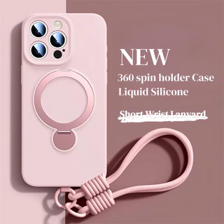หรูหราแม่เหล็กซิลิโคน Lanyard เคสโทรศัพท์สําหรับ iPhone 16 15 14 13 Pro Max พร้อมสายรัดข้อมือ Spin Holder Stand Casing Soft Cover