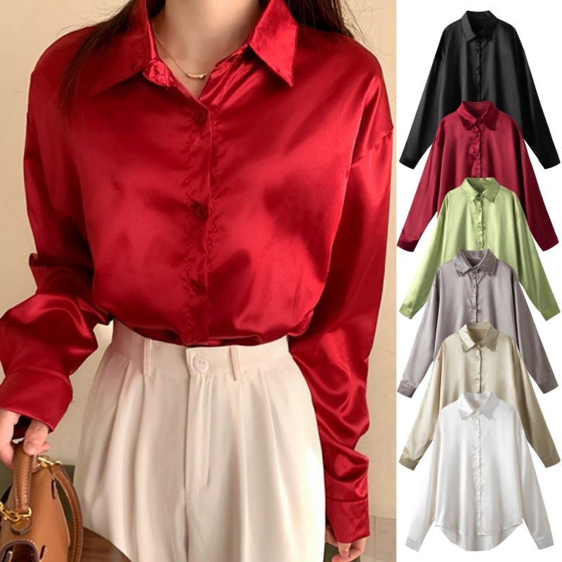 Kaekai พร้อมส่ง เสื้อเชิ้ต แขนยาว สไตล์เกาหลี เรียบง่าย เนื้อผ้าซาติน ใส่สบายมาก สีสดสวยมาก งานยอดฮิต เหมาะกับทุกฤดูกาล