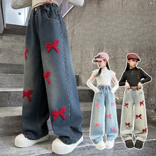 กางเกงยีนส์สาวโบว์2025ใหม่สไตล์เกาหลีปักผ้าขนหนูกางเกงขากว้า…