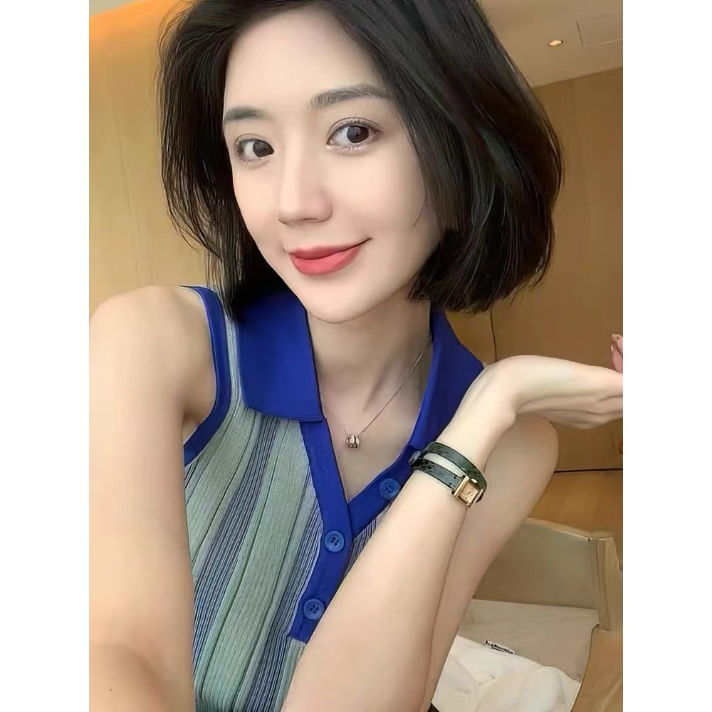 ชุดเสื้อกั๊กแขนกุดลายทางสไตล์ฝรั่งเศส คอโปโลหวานและเผ็ดสำหรับผู้หญิง ฤดูร้อน ดีไซน์เก๋ไก๋เฉพาะตัว สไ