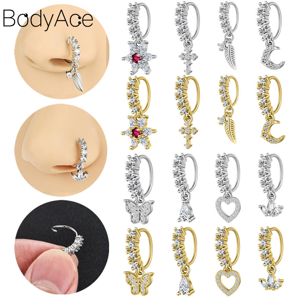 Bodyace 1 Pc สแตนเลสสตีลจมูกเจาะทองแดงจมูกแหวนคริสตัล Drop แหวนจมูก 20G Nostril เจาะ Moon Body เจาะ