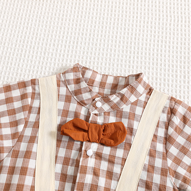 ฤดูร้อนใหม่เสื้อผ้าเด็กชายและหญิงแขนสั้นสุภาพบุรุษ Bodysduit 0-28 เดือนเด็กโบว์ลายสก๊อต Splicing สไตล์อังกฤษวันเกิด Christening Romper - รูปที่ 3