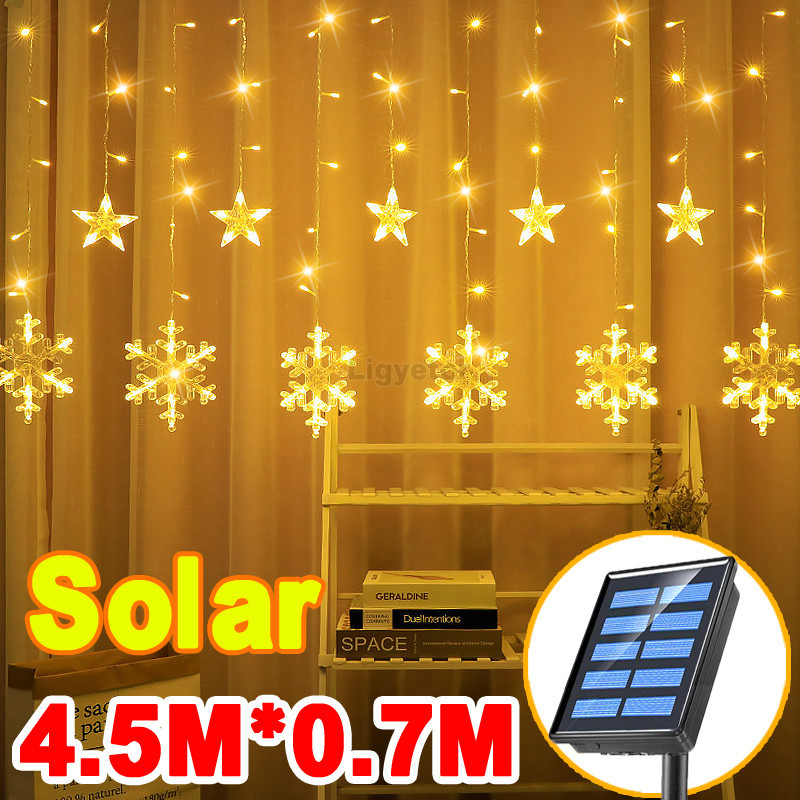 Ligyetor พลังงานแสงอาทิตย์เกล็ดหิมะ Star ไฟผ้าม่าน String ไฟ Elk ไฟ Polaris สําหรับในร่มกลางแจ้งบ้านสวนคริสต์มาสฮาโลวีนงานแต่งงานผ้าม่าน Decoratio