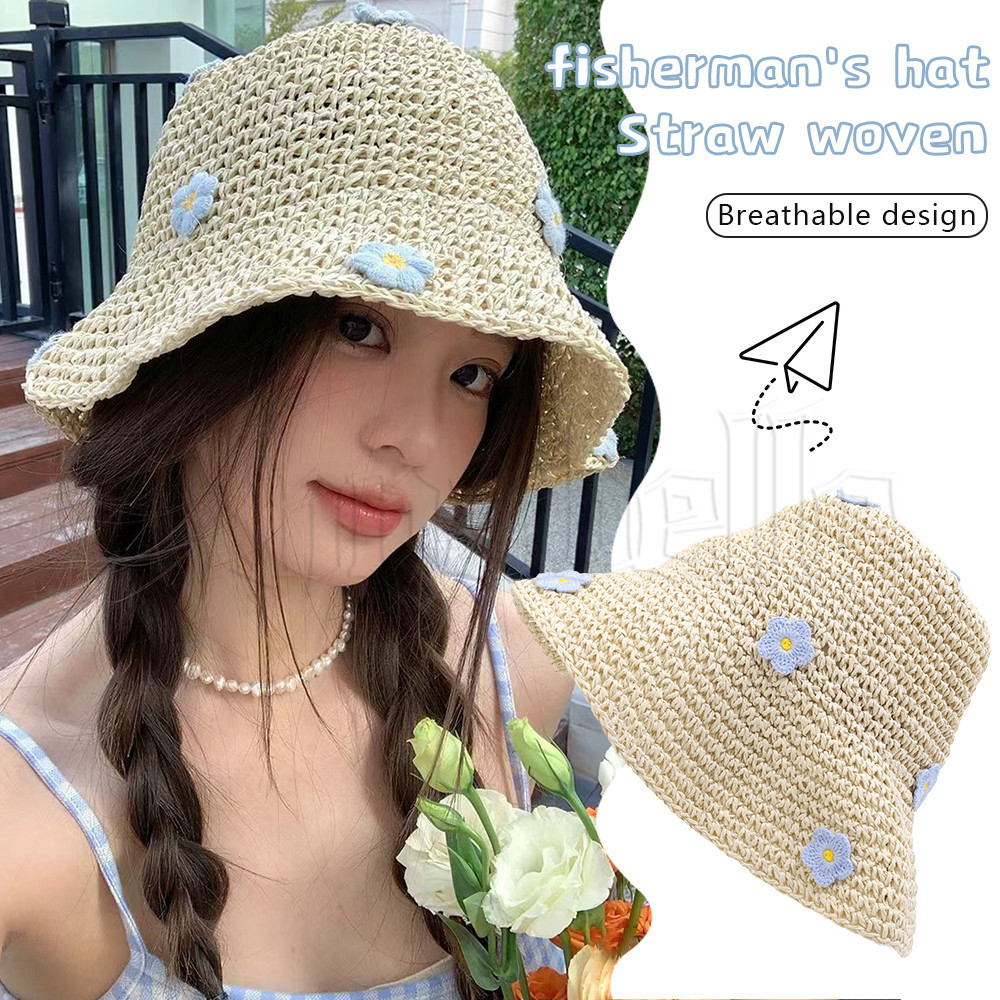 หมวกฟางสาน หมวกฟางสาน หมวกชาวประมง กันแดด ถักโครเชต์ ลายดอกไม้ สไตล์เกาหลี ชายหาด ริมทะเล ฤดูร้อน สําหรับผู้หญิง