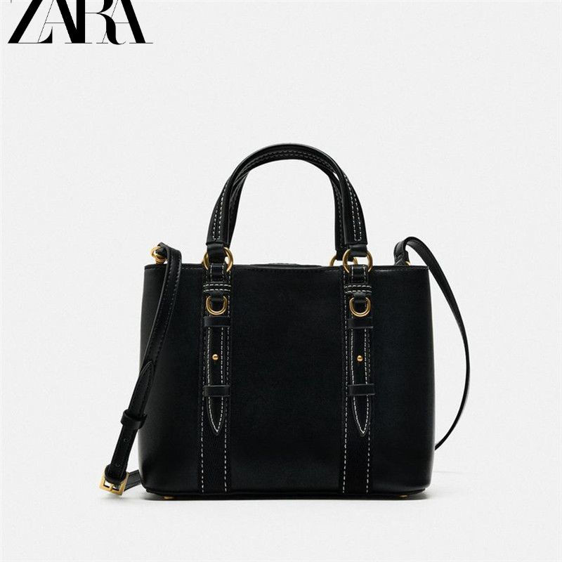 Zara HOME กระเป๋าถือ กระเป๋าสะพายไหล่ ทรงบักเก็ต ทรงสี่เหลี่ยม ขนาดเล็ก สีดํา แฟชั่นสําหรับสตรี
