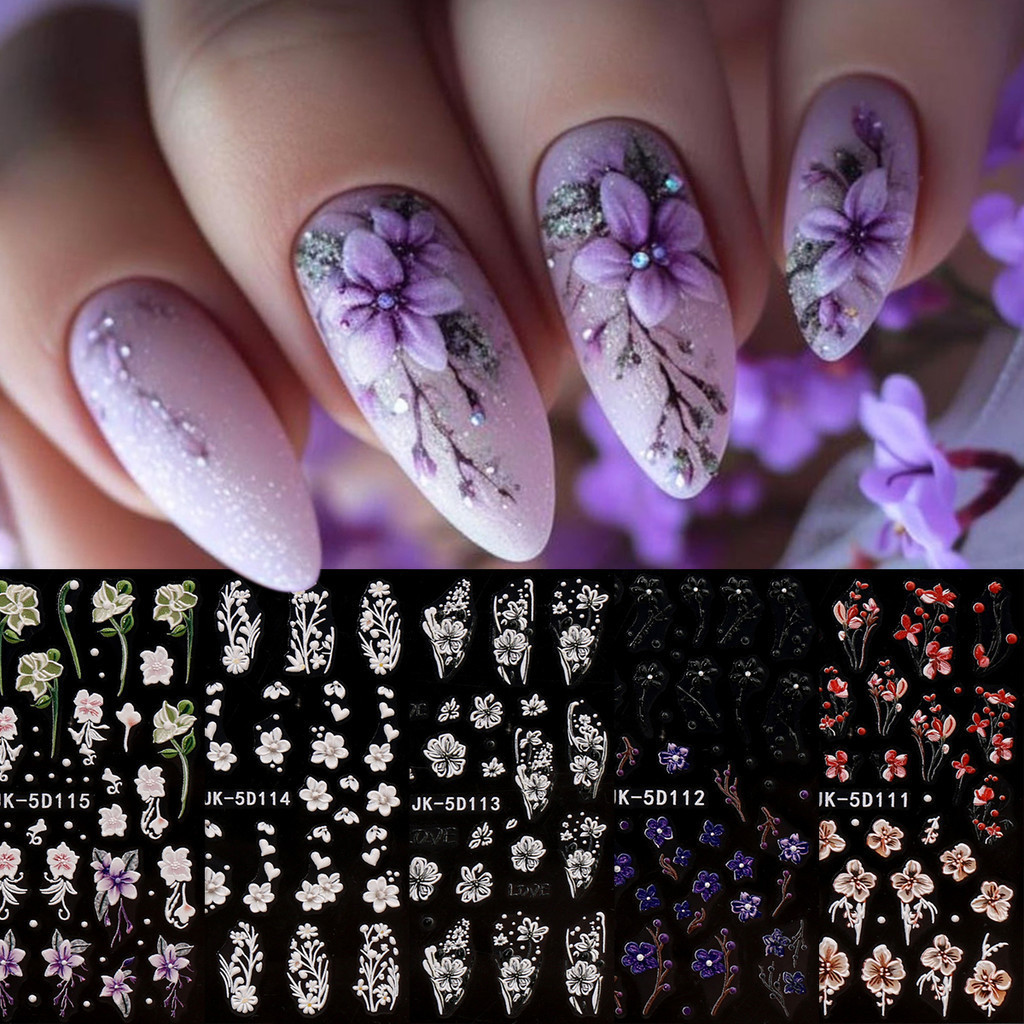 HAMA Nail 5D นูนเล็บสติกเกอร์ขายส่งฤดูใบไม้ผลิและฤดูร้อนดอกไม้เล็กๆดอกไม้ตกแต่งเล็บสติกเกอร์ Decals