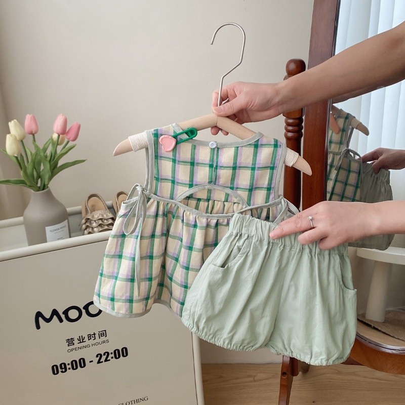 ชุดเดรสแขนสั้น ลายสก๊อต สไตล์เกาหลี แฟชั่นฤดูร้อน สําหรับเด็กผู้หญิง สองชิ้น