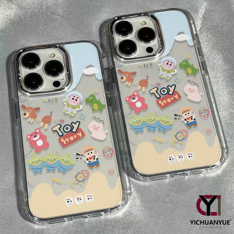 สำหรับ iPhone 13 12 14 11 15 Pro Max XR X Plus XS SE 7 8 Toy Story คนต่างด้าวรูปแบบการ์ตูนกรอบรูปโลหะกรณีโทรศัพท์น่ารัก