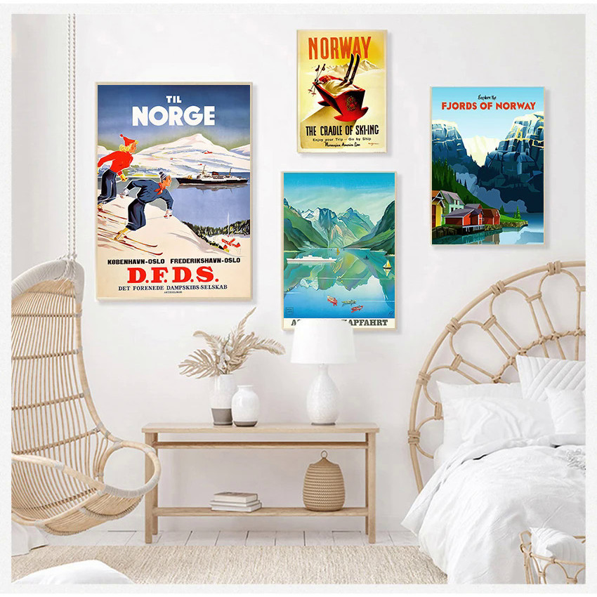 คลาสสิกผ้าใบภาพวาดคราฟท์โปสเตอร์สติ๊กเกอร์ติดผนังตกแต่งบ้านของขวัญครอบครัวสกีในนอร์เวย์นอร์จ Fjords 