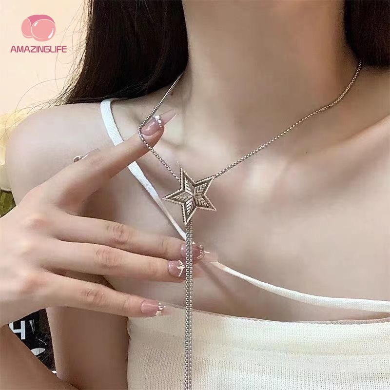 1 Pc Simple Light Luxury Silver Drawstring Pentagram สร ้ อยคอผู ้ หญิงหวาน Elegant ผีเสื ้ อปรับ Clavicle Chain เครื ่ องประดับ