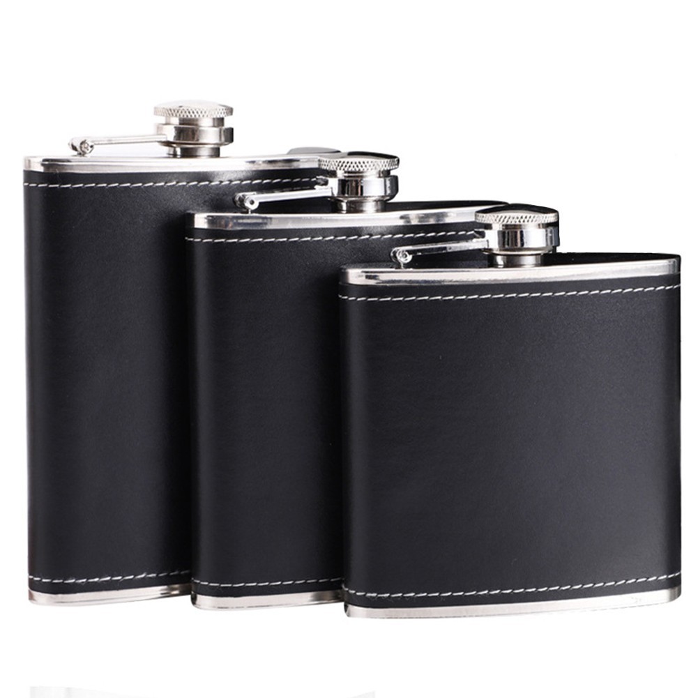 [LVDN ] 6 7 8 9Oz Hip Flask สแตนเลสขวดวิสกี ้ ขวดไวน ์ หนังสีดําคุณภาพดี