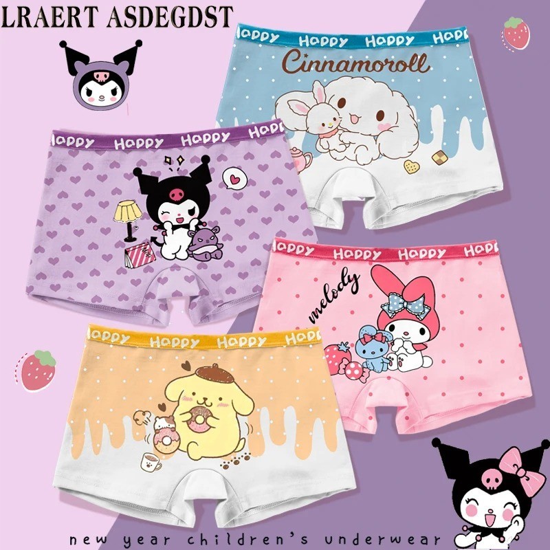 4 ชิ ้ นอะนิเมะ Sanrios My Melody Cinnamoroll Kuromi Kawaii ชุดชั ้ นในเด ็ กน ่ ารัก Breathable ผ ้ าฝ ้ ายหญิงนักมวยกางเกงขาสั ้ นเด ็ กกางเกง